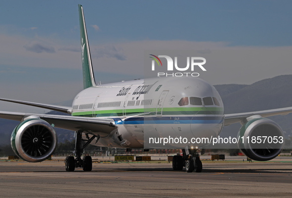 A Boeing 787-10 Dreamliner from Saudia is on the runway after landing at Barcelona El Prat Airport in Barcelona, Spain, on October 8, 2024. 