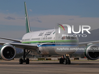 A Boeing 787-10 Dreamliner from Saudia is on the runway after landing at Barcelona El Prat Airport in Barcelona, Spain, on October 8, 2024....