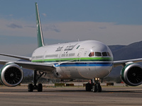 A Boeing 787-10 Dreamliner from Saudia is on the runway after landing at Barcelona El Prat Airport in Barcelona, Spain, on October 8, 2024....