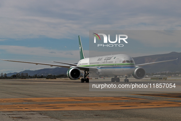 A Boeing 787-10 Dreamliner from Saudia is on the runway after landing at Barcelona El Prat Airport in Barcelona, Spain, on October 8, 2024. 