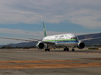 A Boeing 787-10 Dreamliner from Saudia is on the runway after landing at Barcelona El Prat Airport in Barcelona, Spain, on October 8, 2024....