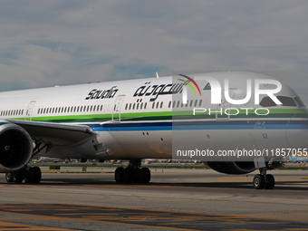 A Boeing 787-10 Dreamliner from Saudia is on the runway after landing at Barcelona El Prat Airport in Barcelona, Spain, on October 8, 2024....