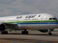 A Boeing 787-10 Dreamliner from Saudia is on the runway after landing at Barcelona El Prat Airport in Barcelona, Spain, on October 8, 2024....