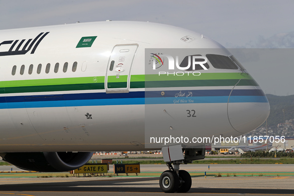 A Boeing 787-10 Dreamliner from Saudia is on the runway after landing at Barcelona El Prat Airport in Barcelona, Spain, on October 8, 2024. 