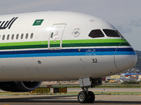 A Boeing 787-10 Dreamliner from Saudia is on the runway after landing at Barcelona El Prat Airport in Barcelona, Spain, on October 8, 2024....