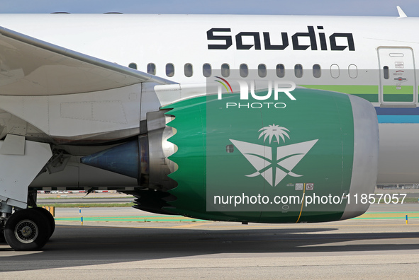 A Boeing 787-10 Dreamliner from Saudia is on the runway after landing at Barcelona El Prat Airport in Barcelona, Spain, on October 8, 2024. 