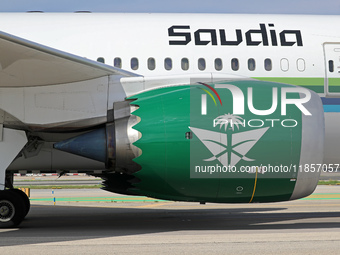 A Boeing 787-10 Dreamliner from Saudia is on the runway after landing at Barcelona El Prat Airport in Barcelona, Spain, on October 8, 2024....