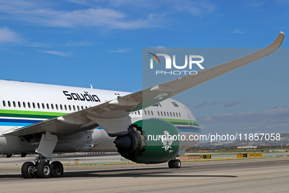 A Boeing 787-10 Dreamliner from Saudia is on the runway after landing at Barcelona El Prat Airport in Barcelona, Spain, on October 8, 2024. 