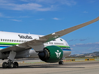 A Boeing 787-10 Dreamliner from Saudia is on the runway after landing at Barcelona El Prat Airport in Barcelona, Spain, on October 8, 2024....