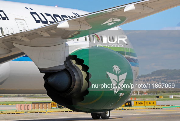 A Boeing 787-10 Dreamliner from Saudia is on the runway after landing at Barcelona El Prat Airport in Barcelona, Spain, on October 8, 2024. 