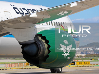 A Boeing 787-10 Dreamliner from Saudia is on the runway after landing at Barcelona El Prat Airport in Barcelona, Spain, on October 8, 2024....