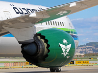 A Boeing 787-10 Dreamliner from Saudia is on the runway after landing at Barcelona El Prat Airport in Barcelona, Spain, on October 8, 2024....