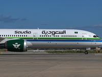 A Boeing 787-10 Dreamliner from Saudia is on the runway after landing at Barcelona El Prat Airport in Barcelona, Spain, on October 8, 2024....