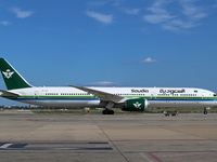 A Boeing 787-10 Dreamliner from Saudia is on the runway after landing at Barcelona El Prat Airport in Barcelona, Spain, on October 8, 2024....