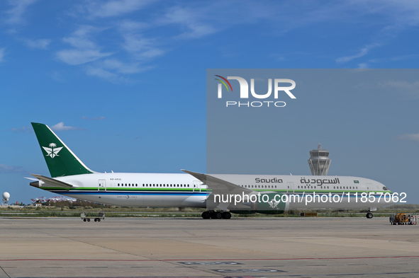 A Boeing 787-10 Dreamliner from Saudia is on the runway after landing at Barcelona El Prat Airport in Barcelona, Spain, on October 8, 2024. 