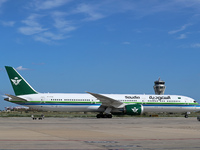 A Boeing 787-10 Dreamliner from Saudia is on the runway after landing at Barcelona El Prat Airport in Barcelona, Spain, on October 8, 2024....