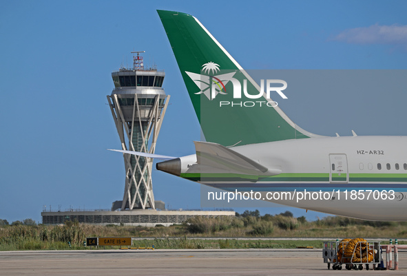 A Boeing 787-10 Dreamliner from Saudia is on the runway after landing at Barcelona El Prat Airport in Barcelona, Spain, on October 8, 2024. 