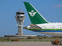 A Boeing 787-10 Dreamliner from Saudia is on the runway after landing at Barcelona El Prat Airport in Barcelona, Spain, on October 8, 2024....