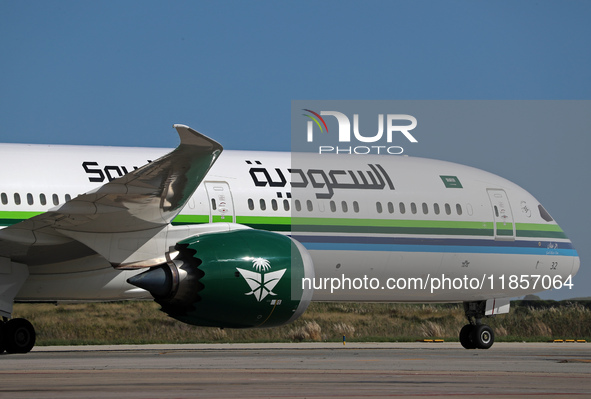 A Boeing 787-10 Dreamliner from Saudia is on the runway after landing at Barcelona El Prat Airport in Barcelona, Spain, on October 8, 2024. 