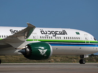 A Boeing 787-10 Dreamliner from Saudia is on the runway after landing at Barcelona El Prat Airport in Barcelona, Spain, on October 8, 2024....