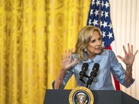 President Joe Biden and First Lady Jill Biden make remarks at the first-ever White House Conference on Women's Health Research in Washington...