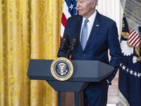 President Joe Biden and First Lady Jill Biden make remarks at the first-ever White House Conference on Women's Health Research in Washington...