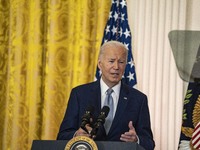 President Joe Biden and First Lady Jill Biden make remarks at the first-ever White House Conference on Women's Health Research in Washington...