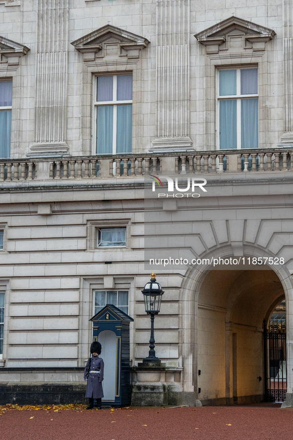 A royal guard stands at his post outside Buckingham Palace, in London, United Kingdom, on December 7, 2024. 