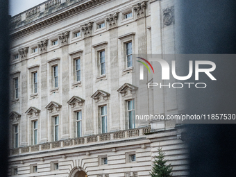 A royal guard stands at his post outside Buckingham Palace, in London, United Kingdom, on December 7, 2024. (