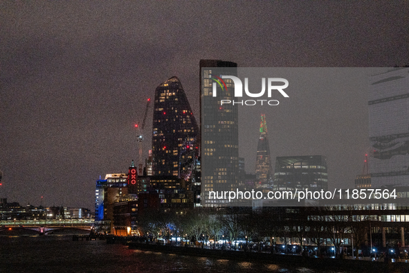 A view of the Thames River and the London skyline at night, in London, United Kingdom, on December 7, 2024. 