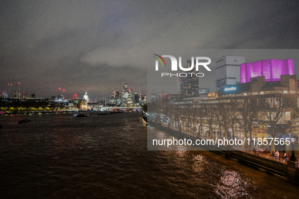 A view of the Thames River and the London skyline at night, in London, United Kingdom, on December 7, 2024. 