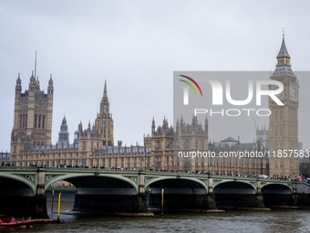 The Houses of Parliament and Big Ben under overcast skies during Storm Darragh on December 7, 2024, in London, United Kingdom. London's Roya...