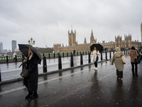 Pedestrians with umbrellas cross Westminster Bridge in front of the Houses of Parliament during Storm Darragh on December 7, 2024, in London...