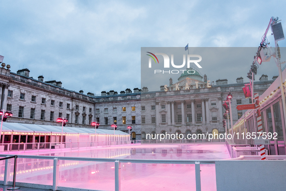 The empty ice skating rink at Somerset House, closed due to severe weather from Storm Darragh, on December 7, 2024, in London, United Kingdo...