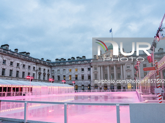 The empty ice skating rink at Somerset House, closed due to severe weather from Storm Darragh, on December 7, 2024, in London, United Kingdo...