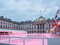 The empty ice skating rink at Somerset House, closed due to severe weather from Storm Darragh, on December 7, 2024, in London, United Kingdo...