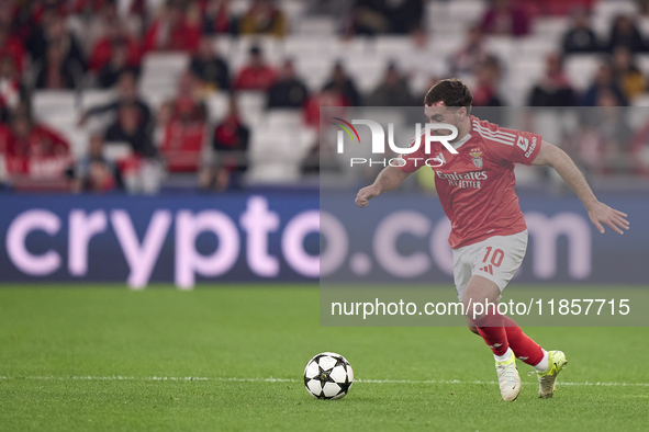 Orkun Kokcu of SL Benfica plays during the UEFA Champions League match between SL Benfica and Bologna FC 1909 at Estadio Da Luz in Lisbon, P...