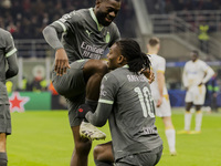 Rafael Leao and Fikayo Tomori celebrate the goal during the UEFA Champions League 2024/25 match between AC Milan and FK Crvena Zvezda in Mil...