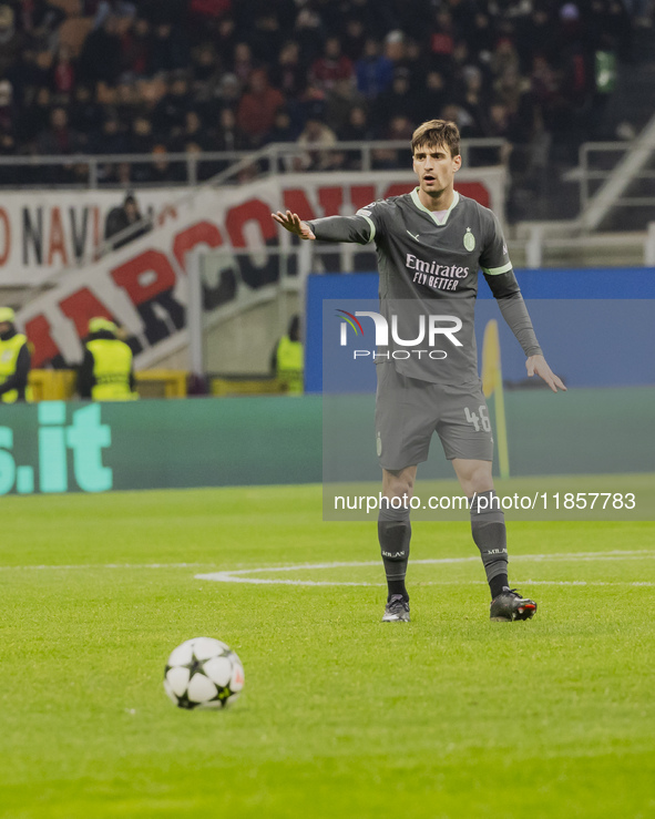 Matteo Gabbia plays during the UEFA Champions League 2024/25 match between AC Milan and FK Crvena Zvezda at Giuseppe Meazza stadium in Milan...