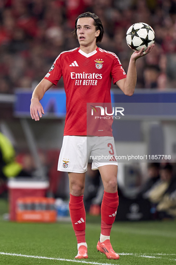 Alvaro Carreras of SL Benfica takes a throw-in during the UEFA Champions League match between SL Benfica and Bologna FC 1909 at Estadio Da L...