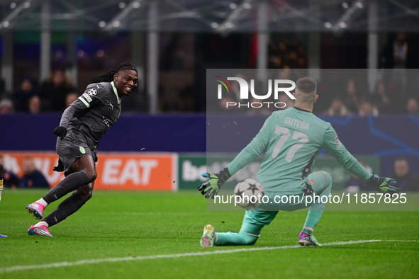 Rafael Leao of AC Milan is in action during the UEFA Champions League match between AC Milan and FK Crvena Zvezda at Giuseppe Meazza in Mila...