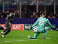 Rafael Leao of AC Milan is in action during the UEFA Champions League match between AC Milan and FK Crvena Zvezda at Giuseppe Meazza in Mila...