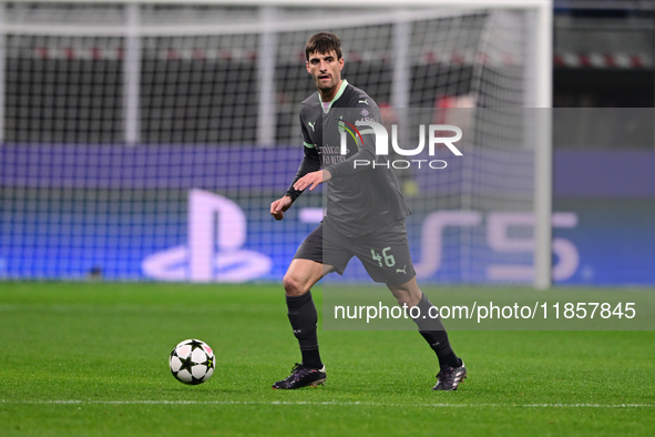 Matteo Gabbia of AC Milan is in action during the UEFA Champions League match between AC Milan and FK Crvena Zvezda at Giuseppe Meazza in Mi...