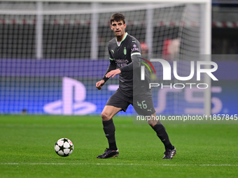 Matteo Gabbia of AC Milan is in action during the UEFA Champions League match between AC Milan and FK Crvena Zvezda at Giuseppe Meazza in Mi...