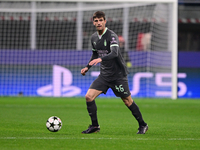 Matteo Gabbia of AC Milan is in action during the UEFA Champions League match between AC Milan and FK Crvena Zvezda at Giuseppe Meazza in Mi...