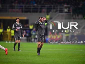 Davide Calabria of AC Milan looks on during the UEFA Champions League match between AC Milan and FK Crvena Zvezda at Giuseppe Meazza in Mila...