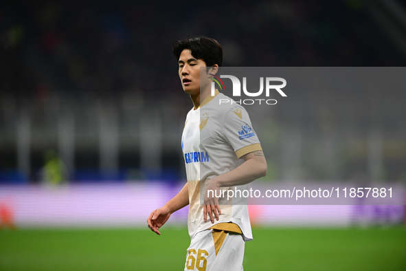 Young Woo Seol of FK Crvena Zvezda looks on during the UEFA Champions League match between AC Milan and FK Crvena Zvezda at Giuseppe Meazza...