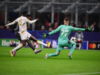 Rafael Leao of AC Milan scores a goal during the UEFA Champions League match between AC Milan and FK Crvena Zvezda at Giuseppe Meazza in Mil...