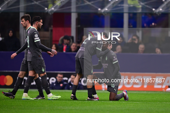 Rafael Leao of AC Milan celebrates after scoring his team's first goal during the UEFA Champions League match between AC Milan and FK Crvena...