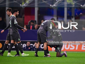 Rafael Leao of AC Milan celebrates after scoring his team's first goal during the UEFA Champions League match between AC Milan and FK Crvena...